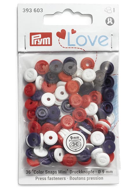 Кнопки Prym Love  "Color Snaps Mini" 9мм, круглые с имитацией стежка, белые, красные, фиолетовые undefined