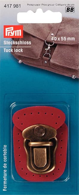 Портфельный замок для пришивания 40х55мм красная кожа и состаренная латунь undefined