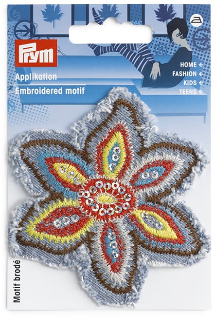 Аппликация Цветок джинсовый с разноцветной вышивкой 85мм undefined