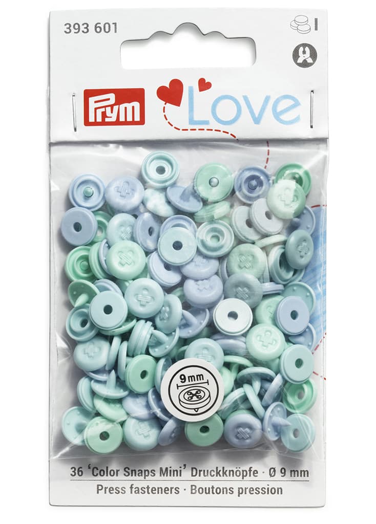 Кнопки Prym Love "Color Snaps Mini" 9мм, круглые с имитацией стежка, голубые, мятные