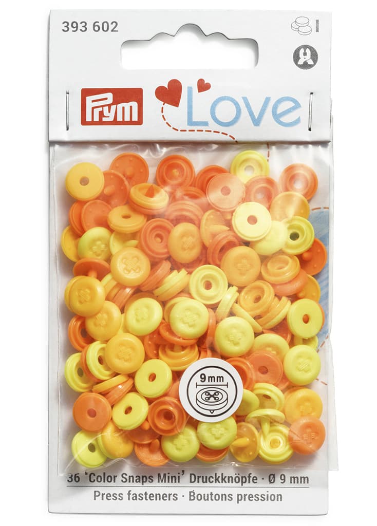 Кнопки Prym Love "Color Snaps Mini" 9мм, круглые с имитацией стежка, желтые, оранжевые